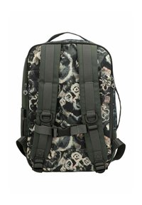 Rucksack mit einem gesteppten Muster in Schwarz und Grau, grünen Riemen, verstellbaren Schnallen und einem Reißverschlussfach.