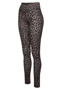 Leggings in stampa leopardo realizzati in un tessuto morbido e elasticizzato, con una vita alta. Presentano una combinazione di marroni scuri e nero nel motivo.