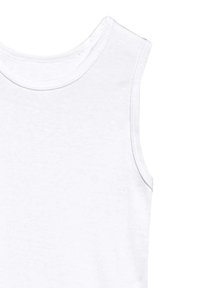 White sleeveless tank top made of cotton, featuring a round neckline and a smooth, plain texture. Edges are stitched with a neat finish.