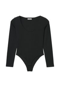 Body nero a maniche lunghe realizzato in tessuto liscio, con scollo a barchetta e chiusura a scatto sul fondo per una vestibilità sicura.