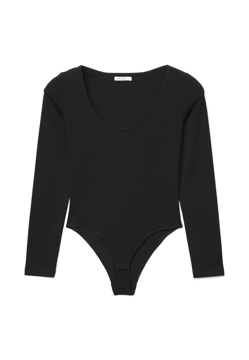 Body nero a maniche lunghe realizzato in tessuto liscio, con scollo a barchetta e chiusura a scatto sul fondo per una vestibilità sicura.