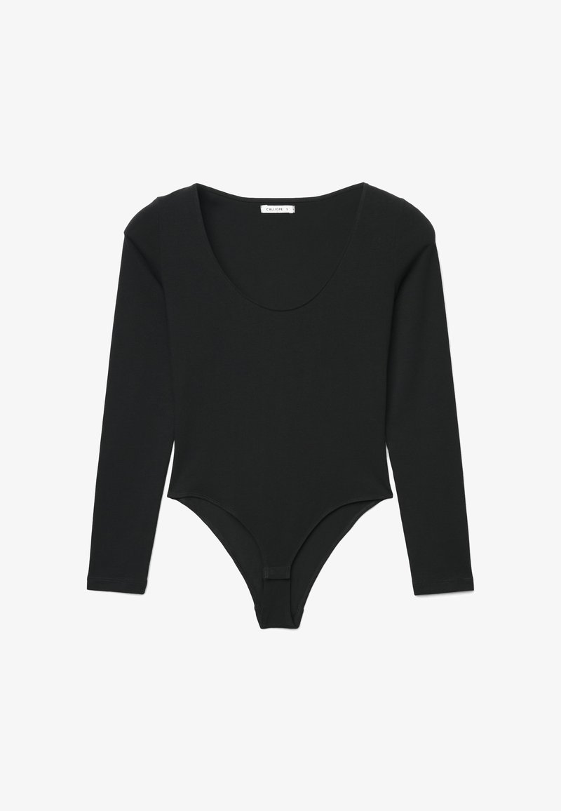Body nero a maniche lunghe realizzato in tessuto liscio, con scollo a barchetta e chiusura a scatto sul fondo per una vestibilità sicura.