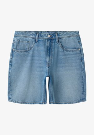 Pantalones cortos de mezclilla azul claro con botón frontal y cremallera, dos bolsillos delanteros, trabillas para cinturón y diseño clásico de cinco bolsillos.