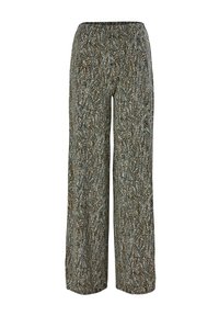 Pantalons larges à taille haute, amples, avec un motif abstrait de points noirs, blancs et beiges, dotés d'une taille élastique.