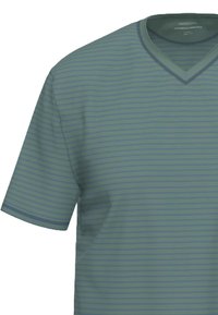 T-shirt a maniche corte con scollatura a V di colore verde chiaro con strisce orizzontali blu scuro; realizzata in tessuto morbido; presenta una texture sottile e dettagli di cucitura.