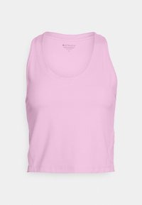 Top tanque sem mangas rosa, feito de um tecido leve, com decote redondo e costuras limpas ao longo das bordas.