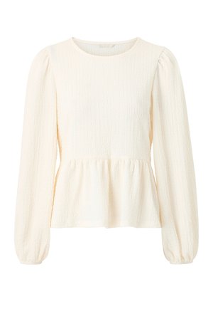 Langærmet cremebluse med tekstureret stof, rund halsudskæring, rynket peplum-talje og puffede ærmer, der ender i elastiske manchetter.