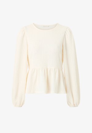Langærmet cremebluse med tekstureret stof, rund halsudskæring, rynket peplum-talje og puffede ærmer, der ender i elastiske manchetter.