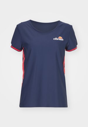 T-shirt marine en tissu lisse, avec des manches courtes et des accents rouges, un col rond, et un logo blanc sur la poitrine.