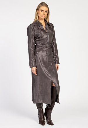 Langes silber-graues Kleid mit einem Kragen, Reißverschluss, taillierter Taille, seitlichen Taschen und einem hohen Schlitz bis zum Oberschenkel, kombiniert mit spitzen braunen Stiefeln.