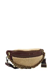 Sac en bandoulière en cuir marron et en shearling crème, de forme arrondie, avec des accessoires en métal doré, une fermeture éclair et une sangle tressée.