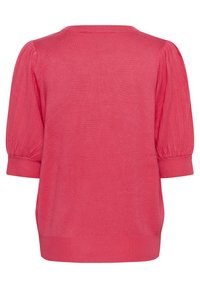 Pull à manches bouffantes en tricot rose vif. Présente des poignets et une taille côtelés, offrant une texture douce et une coupe décontractée.