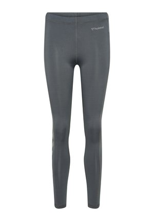 Szare sportowe legginsy o pełnej długości z wysokim stanem, płaskimi szwami i małym logo "hummel" na górnej lewej części uda.