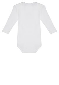 Langärmliger, weißer Body mit Rundhalsausschnitt und Druckknopfverschluss am Boden, aus weichem Baumwollstoff hergestellt. Schlichtes Design, keine Muster.