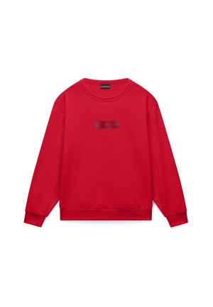 Felpa rossa a maniche lunghe con scollo tondo, polsini e orlo a costine, con una sottile toppa rettangolare con il logo centrata sul petto.