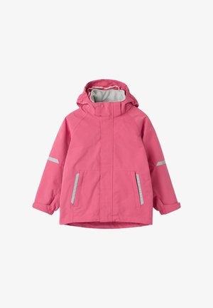 Pink waterproof jacket with a gray interior, adjustable hood, two front pockets, and reflective accents on sleeves. Waterproof material.