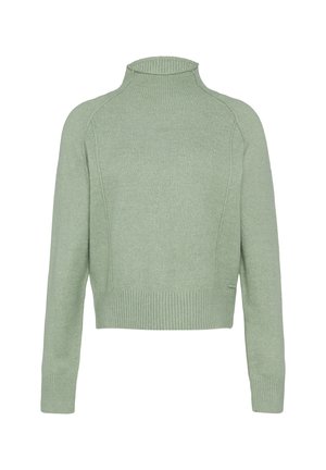 Kurzärmeliger, hochgeschlossener Pullover aus weichem, hellgrünem Stoff; mit gerippter Struktur am Kragen und Saum, im cropped Design.