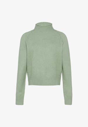 Pull à col montant, à manches courtes, en tissu doux de couleur vert clair ; présente une texture côtelée au col et à l'ourlet, avec un design court.