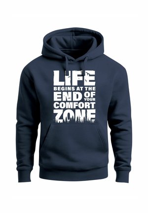 Navy blue hoodie with white text: "Life begins at the end of your comfort zone," featuring birds and tree silhouettes.