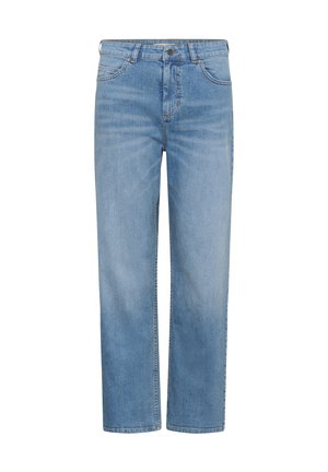 Jean en denim bleu clair à jambes droites, fermé par un bouton et une fermeture éclair à l'avant, avec passants pour ceinture et style cinq poches.