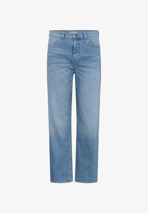 Svetlomodré džínsové nohavice s rovnými nohavicami, predným zapínaním na gombík a zips, pútkami na opasok a päťvreckovým strihom.