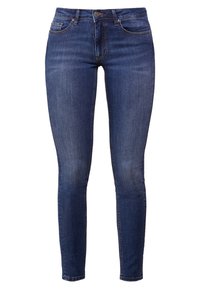 Mörkblå skinny jeans i denim med fem fickor och klassisk knappstängning i midjan. Lätt blekt textur.