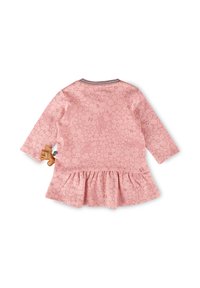 Helles rosa Langarmkleid mit floralem Muster, runder Halslinie und Rüschensaum. Enthält ein kleines Spielzeug, das an der Seite befestigt ist.