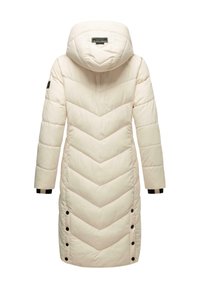 Cream-colored puffer coat with a chevron quilted pattern, removable hood, and black snap closures at the hem and cuffs.