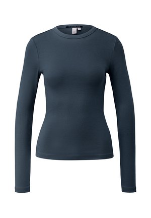 Chemise bleu à manches longues en tissu lisse et extensible. Présente un col rond, une coupe ajustée et une texture subtile partout.