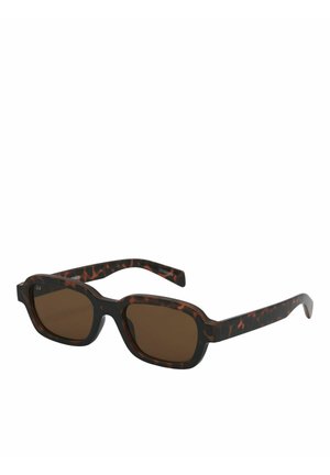 Gafas de sol rectangulares con montura carey, lentes tintadas en marrón y varillas ligeramente curvadas diseñadas para la protección solar.