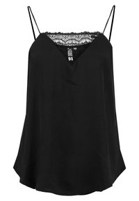 Svart camisole med tunna justerbara axelband, V-ringning, spetsdetaljer längs toppen och en avslappnad, vid passform. Slät tygkvalitet.
