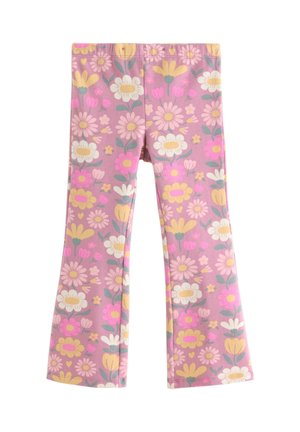 Lasten vaaleanpunaiset housut, joissa on monivärinen kukkakuvio, jossa keltaisia, valkoisia ja vaaleanpunaisia kukkia vihreine lehtineen, suorat lahkeet.