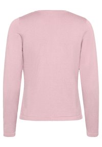 Pull à manches longues en tricot rose doux, avec un décolleté arrondi et des poignets côtelés. Texture simple et lisse avec une coupe décontractée et sans fermetures.