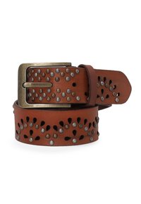 Brauner Leder-Gürtel mit Metallnieten und ausgeschnittenen Blumenmotiven, ausgestattet mit einer rechteckigen Metallschnalle in antikem Finish.