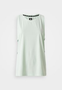 Mint green sleeveless top with a round neckline, smooth texture, and side cutouts; features a black dotted fabric on the neck.