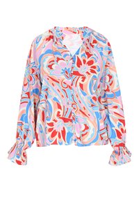 Bluză cu mânecă lungă, tip cămașă, dintr-un material ușor, având un model floral paisley vibrant în nuanțe de roz, roșu și albastru, cu manșete volănașe.