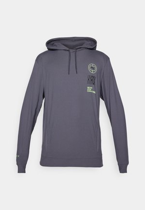 Gray hooded sweatshirt with long sleeves, featuring green text and logo accents. Made from soft fabric, with a relaxed fit and adjustable drawstrings.