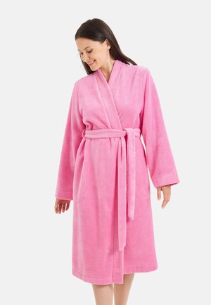 Rosa Baumwoll-Bademantel mit Bindegürtel, langen Ärmeln und weicher, strukturierter Oberfläche. Verfügt über zwei seitliche Taschen für Komfort.