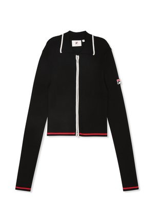 Cardigan cropped a coste nera con chiusura a zip bianca, dettagli bianchi nel colletto, e rifiniture rosse sull'orlo e sui polsini. Logo sulla manica.
