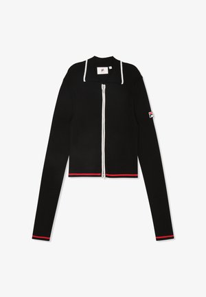 Zwarte geribbelde cropped cardigan met een witte ritssluiting, witte kraagaccenten en rode details aan de zoom en manchetten. Logo op de mouw.