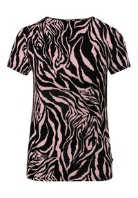 T-shirt met korte mouwen van zachte stof, voorzien van een roze en zwarte zebra-streep patroon, ronde halslijn en een ontspannen pasvorm.