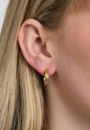 Artimas kairės ausies vaizdas su tiesiais šviesiais plaukais, nešiojančios mažą tekstūruotą auksinį žiedinį auskarą.