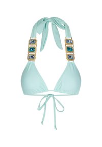 Mintgrön bikinitopp med triangulära kupor, justerbar knytning i nacken och på ryggen, prydda remmar med blå och klara juveler.