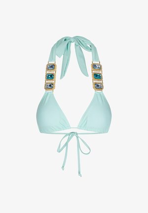 Haut de bikini vert menthe avec des bonnets triangulaires, avec un cou et un dos à lacer ajustables, et des bretelles ornées de accents de bijoux bleus et transparents.