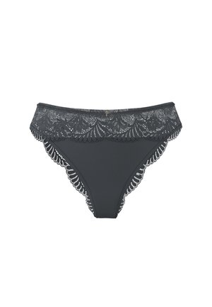 Ropa interior de encaje negro con una cinturilla de encaje festoneada con intrincados patrones florales y una parte inferior lisa.
