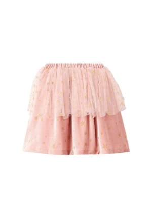 Jupe rose avec un superposé en tulle en couches. Arrière-plan en tissu lisse avec des imprimés d'étoiles dorées. Ceinture élastique pour un enfilage facile.