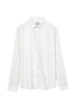 Camicia bianca a maniche lunghe con bottoni, realizzata in tessuto liscio, caratterizzata da un colletto classico e un design pulito e minimale senza fantasie.