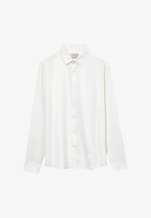 Weißes langärmeliges Hemd mit Knöpfen, aus glattem Stoff gefertigt, mit klassischem Kragen und einem sauberen, minimalistischen Design ohne Muster.