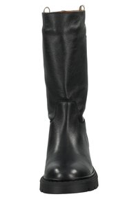 Black leather knee-high boot with a rounded toe and textured surface. Features two metallic pull tabs at the top and a thick black sole.