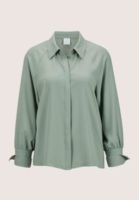 Hellgrüne Bluse aus glattem Stoff, mit Kragen, durchgehender Knopfleiste und langen Ärmeln mit elastischen Bündchen. Klassisches, lockeres Design.